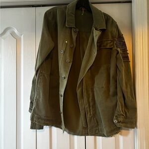 Free People Embellished Olive Green Military Shirt Jacket
